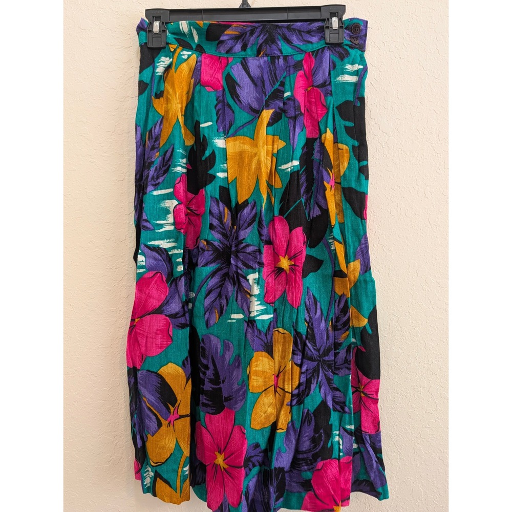 Malouf Petite Vintage Floral Midi Skirt Teal Pink Rayon Flax Blend Size 10P